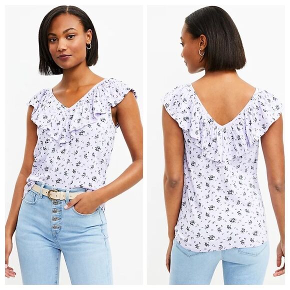 LOFT Tops - LOFT Purple Floral Top Ruffle Top Medium Petite Sleeveless
